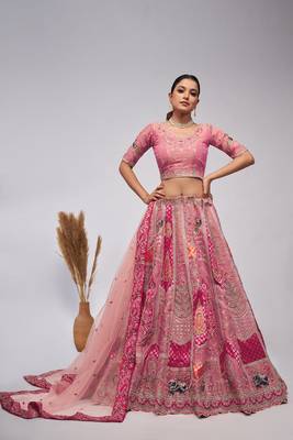 Pink Embroidered Net Lehenga Choli Set With Dupatta 1