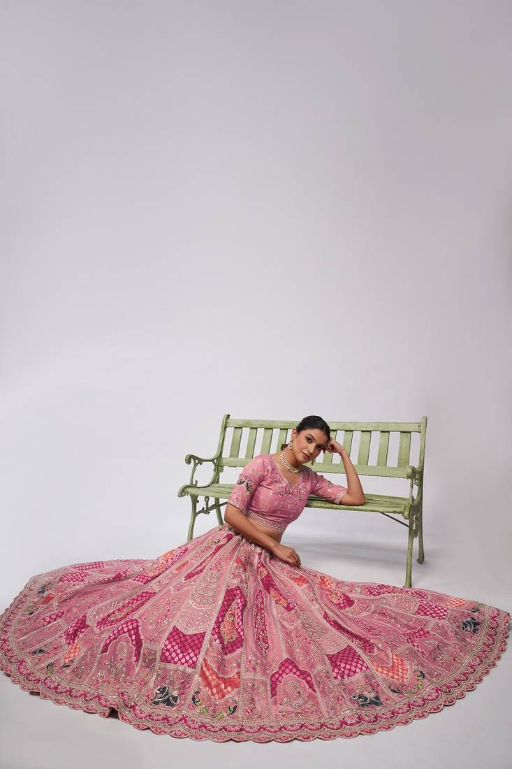 Pink Embroidered Net Lehenga Choli Set With Dupatta