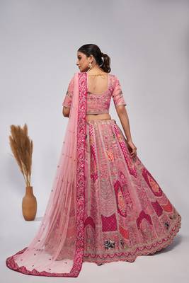 Pink Embroidered Net Lehenga Choli Set With Dupatta 4