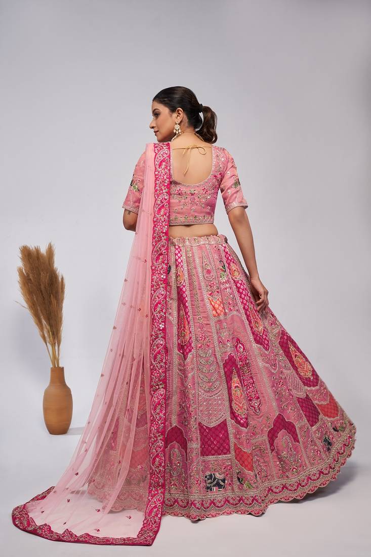 Pink Embroidered Net Lehenga Choli Set With Dupatta