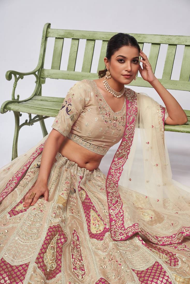 White Embroidered Net Lehenga Choli Set With Dupatta