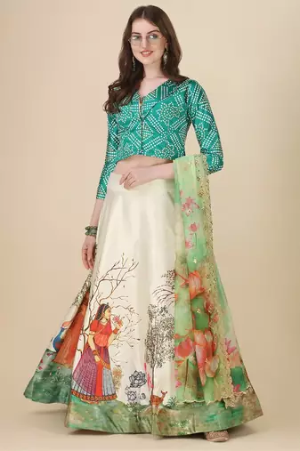 Green Digital Printed Embroidered Lehenga Choli Set With Dupatta
