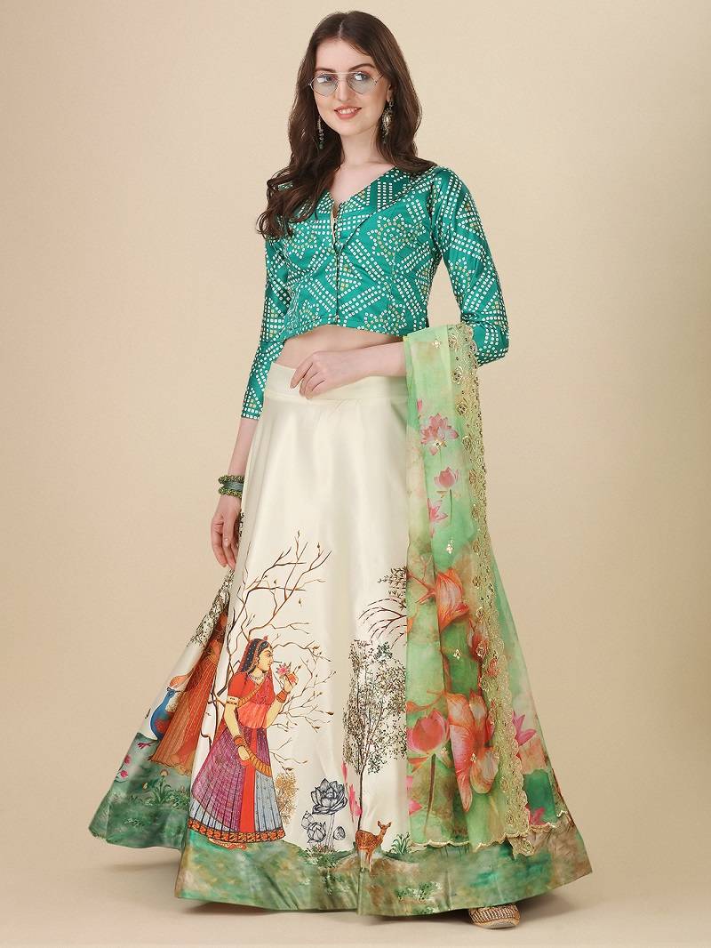Green Digital Printed Embroidered Lehenga Choli Set With Dupatta