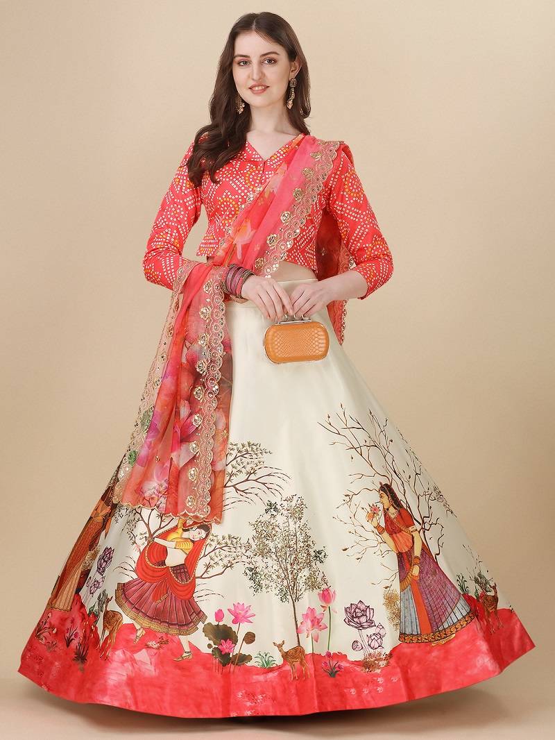 Red Digital Printed Lehenga Choli Set With Dupatt