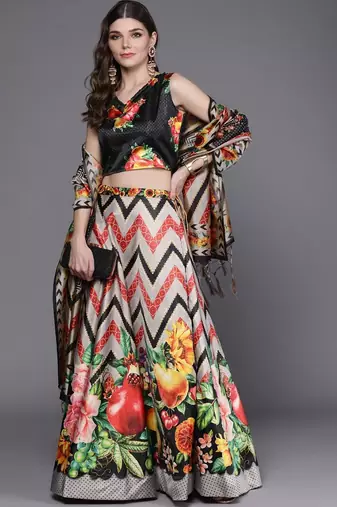 Black Digtial Printed Lehenga Choli Set With Dupatta