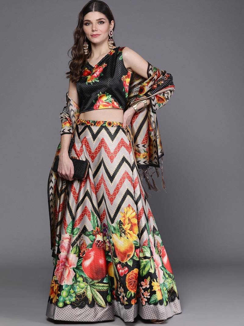Black Digtial Printed Lehenga Choli Set With Dupatta