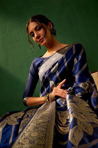 Navy Blue Color Weaving Work Faux Banarasi Silk Saree With Blouse