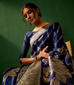 Navy Blue Color Weaving Work Faux Banarasi Silk Saree With Blouse