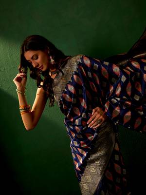Navy Blue Color Weaving Work Faux Banarasi Silk Saree With Blouse 1