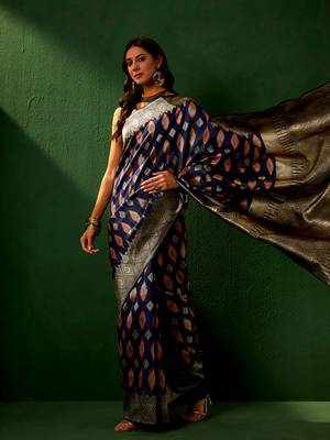 Navy Blue Color Weaving Work Faux Banarasi Silk Saree With Blouse 2