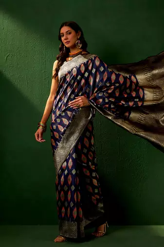 Navy Blue Color Weaving Work Faux Banarasi Silk Saree With Blouse