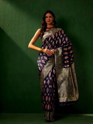Navy Blue Color Weaving Work Faux Banarasi Silk Saree With Blouse 3