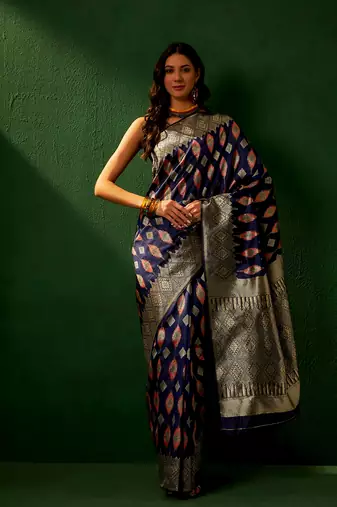 Navy Blue Color Weaving Work Faux Banarasi Silk Saree With Blouse