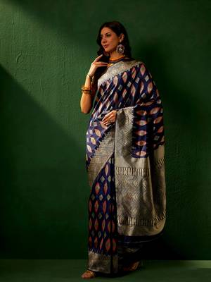 Navy Blue Color Weaving Work Faux Banarasi Silk Saree With Blouse 4