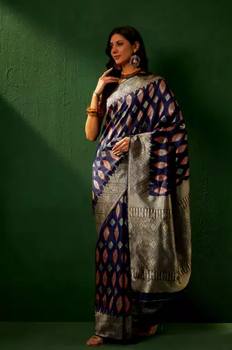 Navy Blue Color Weaving Work Faux Banarasi Silk Saree With Blouse