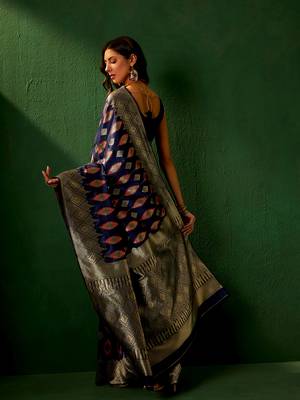 Navy Blue Color Weaving Work Faux Banarasi Silk Saree With Blouse 5