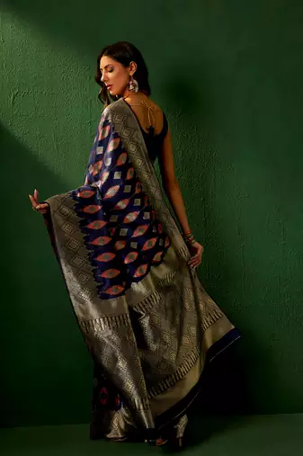 Navy Blue Color Weaving Work Faux Banarasi Silk Saree With Blouse