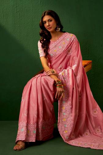 Pink Lavender Color Embroderied Work Chinon Saree With Blouse