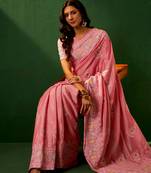 Pink Lavender Color Embroderied Work Chinon Saree With Blouse