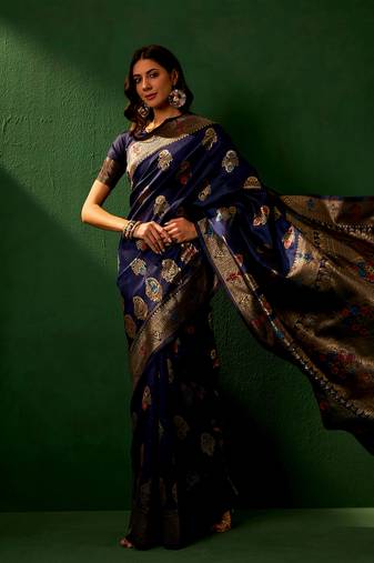Navy Blue Color Weaving Work Faux Banarasi Silk Saree With Blouse