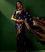 Navy Blue Color Weaving Work Faux Banarasi Silk Saree With Blouse
