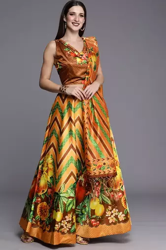 Mustard Digtial Printed Lehenga Choli Set With Dupatta