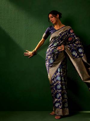 Navy Blue Color Weaving Work Faux Banarasi Silk Saree With Blouse 1