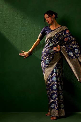 Navy Blue Color Weaving Work Faux Banarasi Silk Saree With Blouse