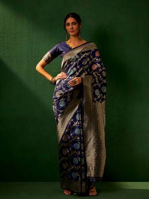 Navy Blue Color Weaving Work Faux Banarasi Silk Saree With Blouse 2