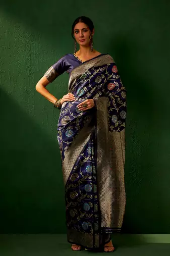 Navy Blue Color Weaving Work Faux Banarasi Silk Saree With Blouse