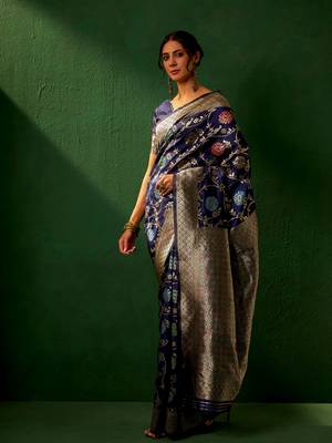 Navy Blue Color Weaving Work Faux Banarasi Silk Saree With Blouse 3