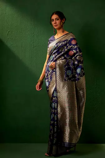 Navy Blue Color Weaving Work Faux Banarasi Silk Saree With Blouse