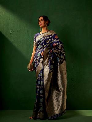 Navy Blue Color Weaving Work Faux Banarasi Silk Saree With Blouse 4