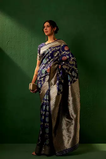 Navy Blue Color Weaving Work Faux Banarasi Silk Saree With Blouse