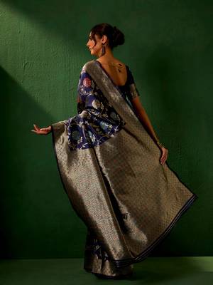 Navy Blue Color Weaving Work Faux Banarasi Silk Saree With Blouse 5