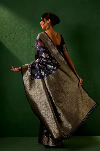 Navy Blue Color Weaving Work Faux Banarasi Silk Saree With Blouse