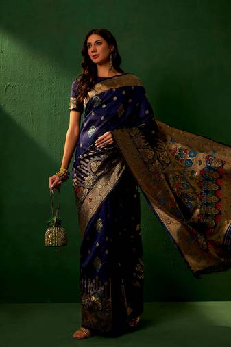 Navy Blue Color Weaving Work Faux Banarasi Silk Saree With Blouse
