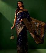 Navy Blue Color Weaving Work Faux Banarasi Silk Saree With Blouse