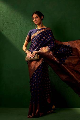 Navy Blue Color Weaving Work Faux Banarasi Silk Saree With Blouse