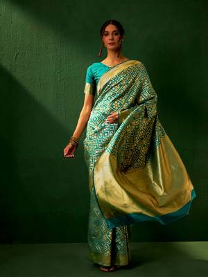 Green Color Weaving Work Faux Banarasi Silk Saree With Blouse 4