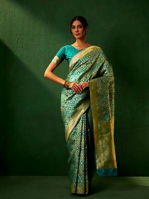 Green Color Weaving Work Faux Banarasi Silk Saree With Blouse 5