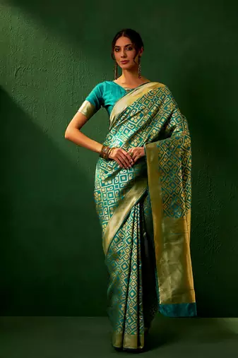 Green Color Weaving Work Faux Banarasi Silk Saree With Blouse