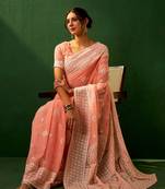 Peach Color Embroidered Work Georgette Saree With Blouse