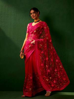Magenta Color Embroidered Work Net Saree With Blouse 1