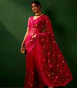 Magenta Color Embroidered Work Net Saree With Blouse
