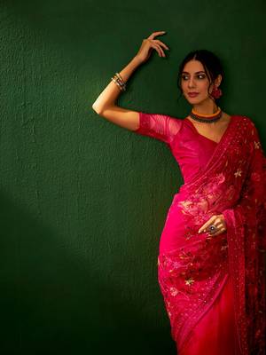 Magenta Color Embroidered Work Net Saree With Blouse 2