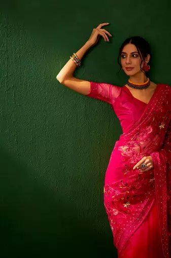 Magenta Color Embroidered Work Net Saree With Blouse