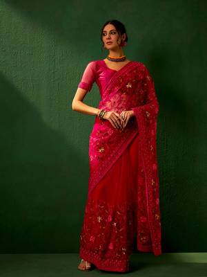 Magenta Color Embroidered Work Net Saree With Blouse 3