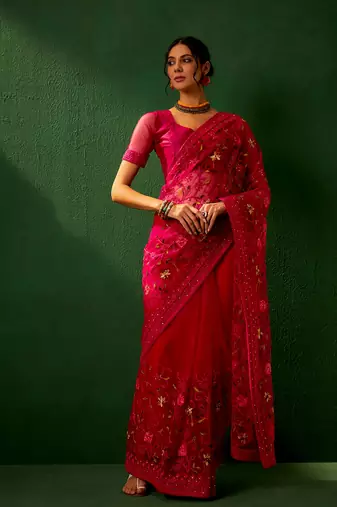 Magenta Color Embroidered Work Net Saree With Blouse