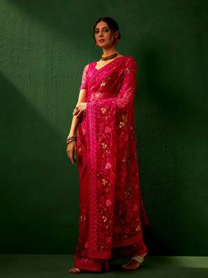 Magenta Color Embroidered Work Net Saree With Blouse 4